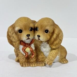 Vintage Homco 1988 Masterpiece Porcelain Blond Puppy Red Bow Dog Pair Figurine